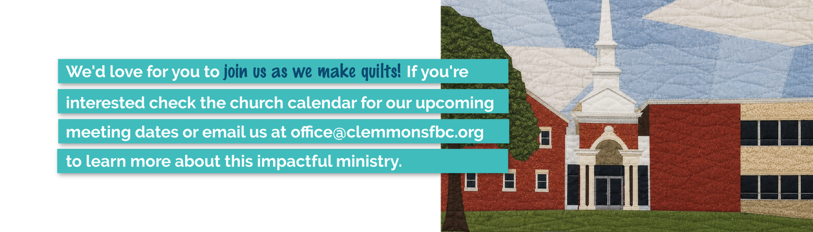 Join the Quilt Ministry at Clemmons First Baptist Church and help create handmade prayer quilts that share Christ's love and care.