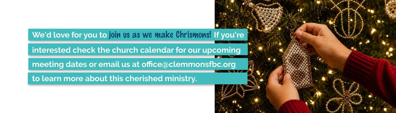 Join the Chrismon Ministry at Clemmons First Baptist Church by attending a meeting and helping create handcrafted Christian ornaments for Advent and Christmas.