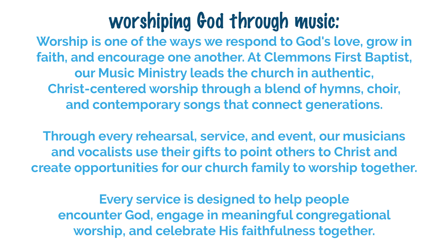 Music Ministry leads Christ-centered worship through choir, hymns, and contemporary songs that help people encounter God and worship together.