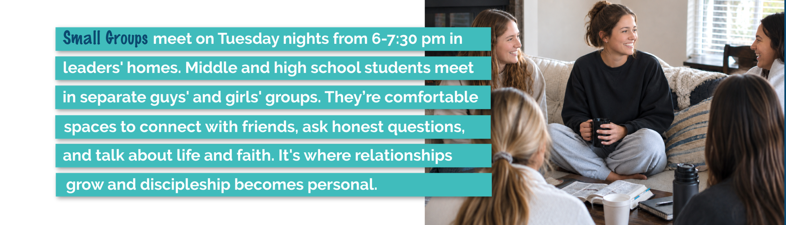 Oasis Youth small groups help students build friendships, ask honest questions, and grow in their relationship with Jesus.