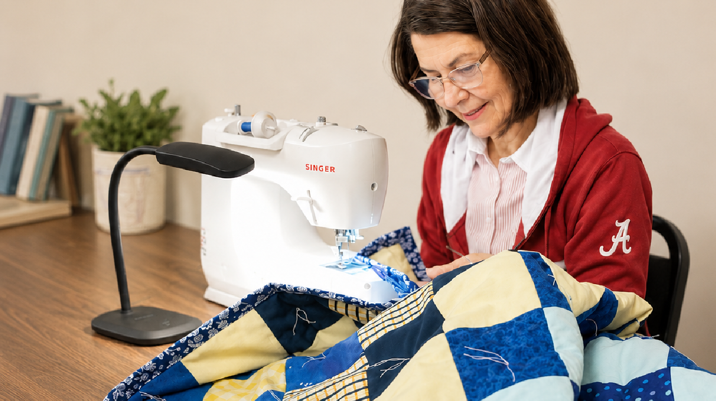Volunteers sewing quilts and handmade items as part of a care ministry at Clemmons First Baptist Church.