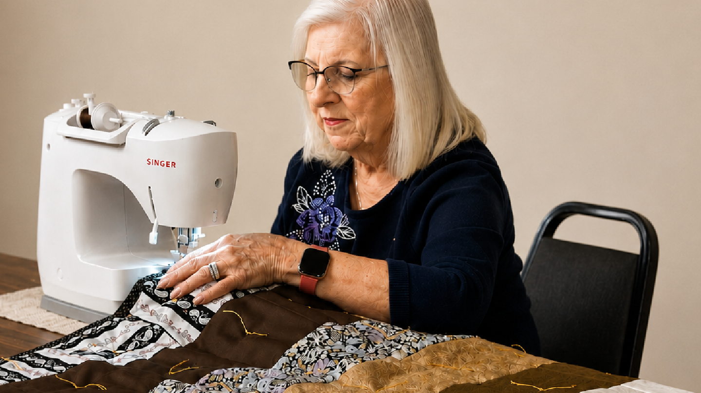 Quilt Ministry volunteer sewing a handmade prayer quilt at Clemmons First Baptist Church.