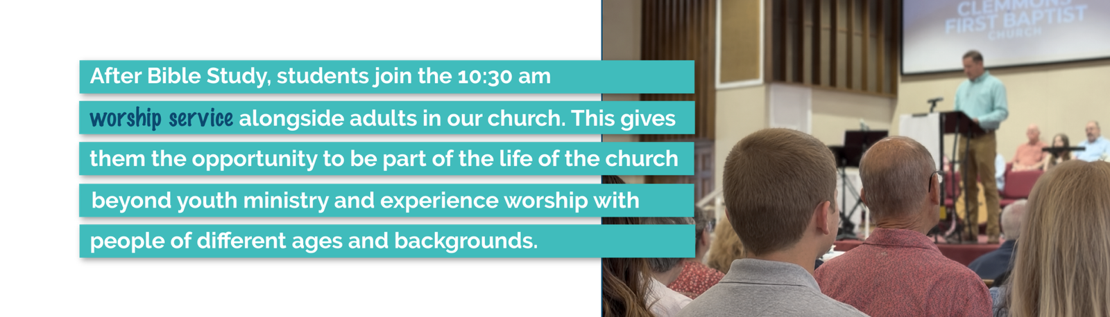 Oasis Youth students worship alongside the church family, building relationships across generations through Sunday worship.
